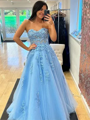 Sweetheart Neck Light Blue Lace Prom Dresses Long, Light Blue Long Lace Formal Evening Dresses