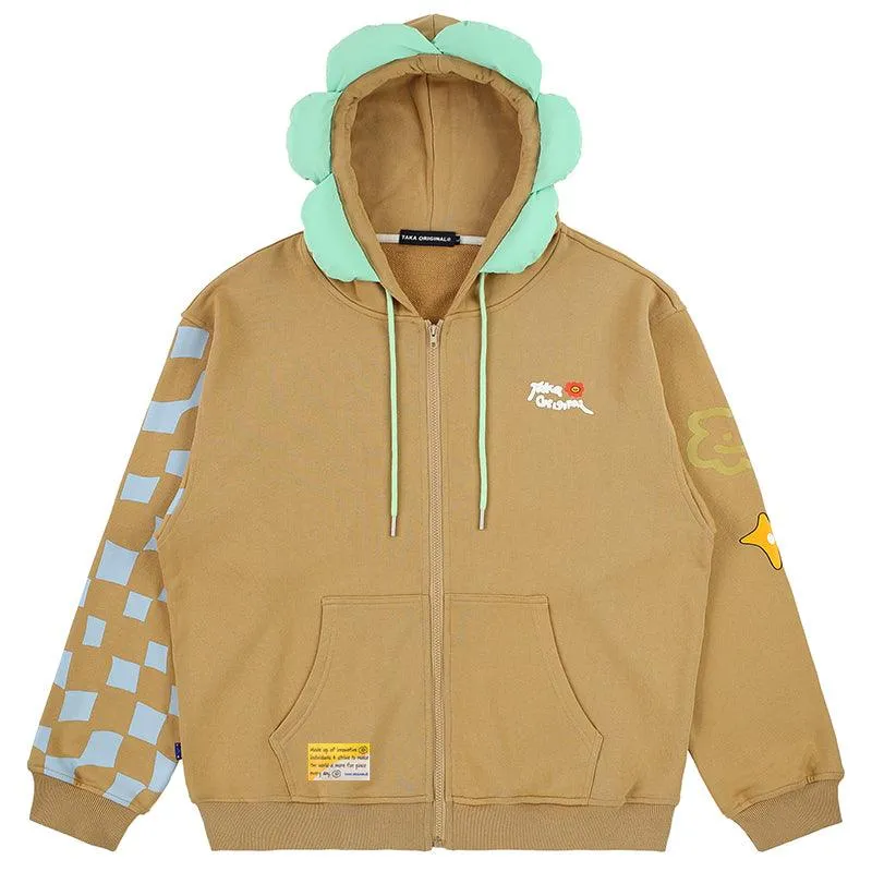 TAKA Original Fun Growing beige full zipper color block daisy flower hoodie