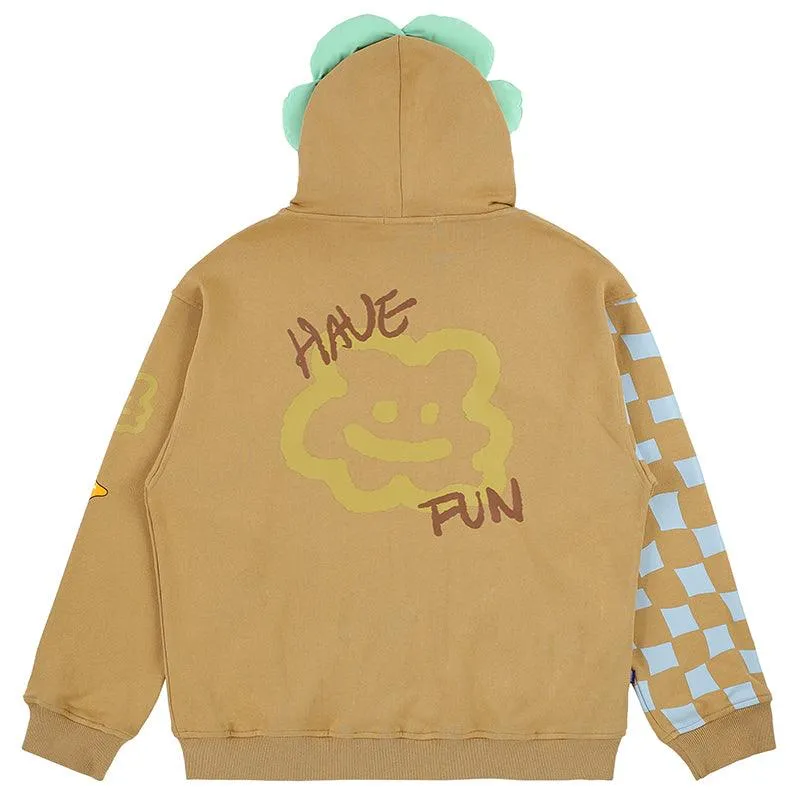 TAKA Original Fun Growing beige full zipper color block daisy flower hoodie