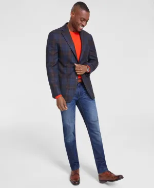 Tallia Men's Slim-Fit Wool Blend Sport Coat Blazer Blue Brown Plaid 40R