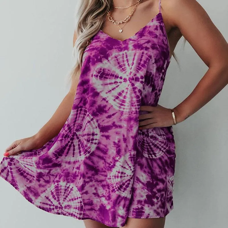 Thin Printed Loose Sling Short Dress
