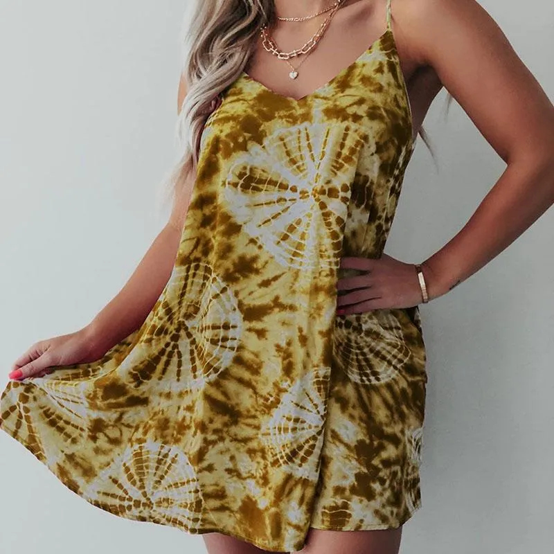 Thin Printed Loose Sling Short Dress