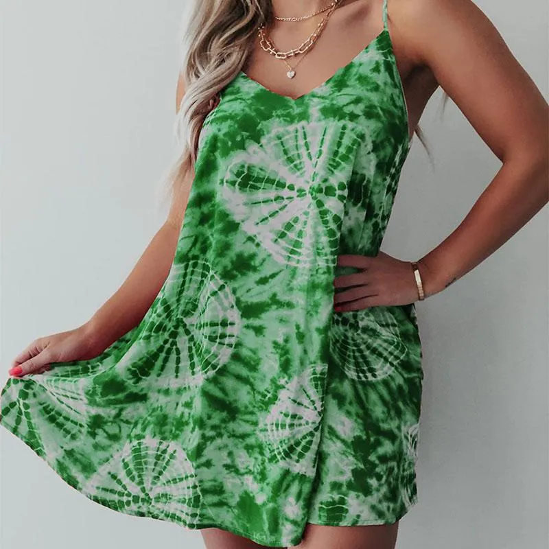 Thin Printed Loose Sling Short Dress