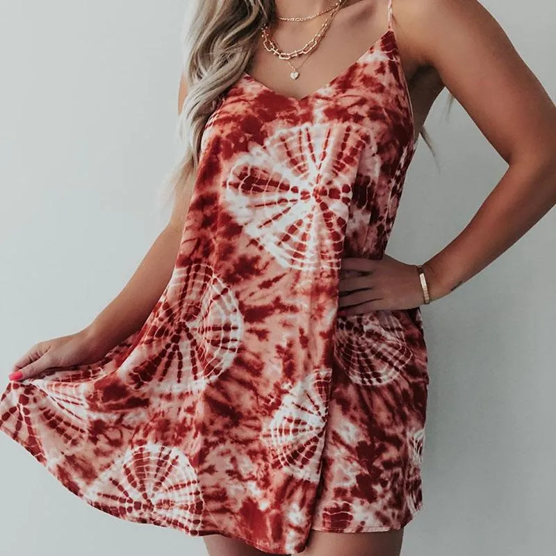Thin Printed Loose Sling Short Dress