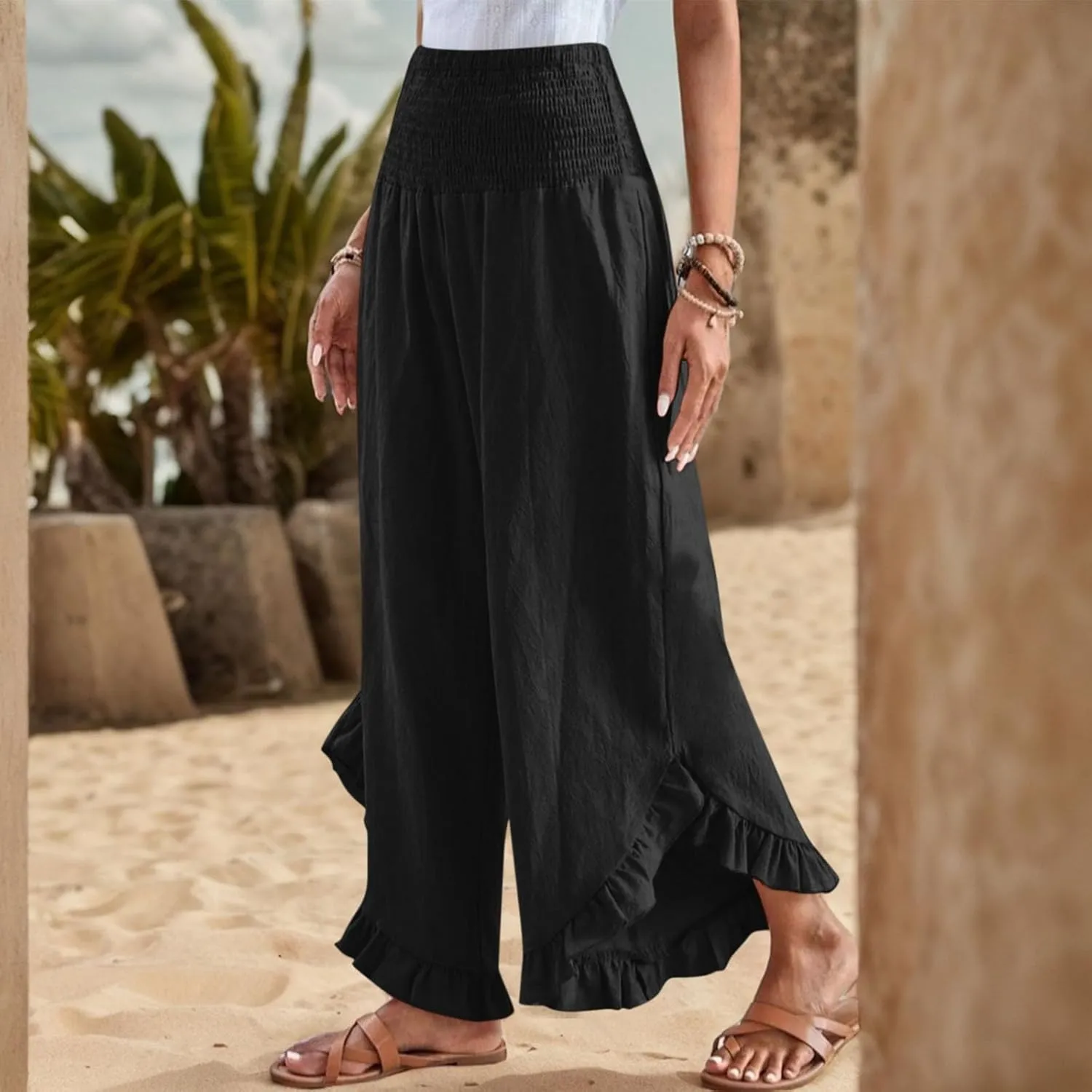 Wide Leg Linen Pants for Women Smocked Waist Ruffle Hem Summer Palazzo Casual Boho Flowy Beach Trouser with Pockets