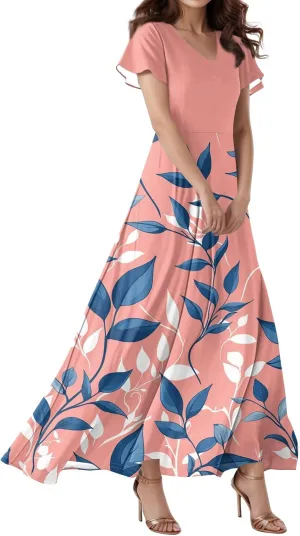 Women Beach Fashion,Women's Loose Casual V-Neck Short Sleeved High Waisted Print Chiffon Dress