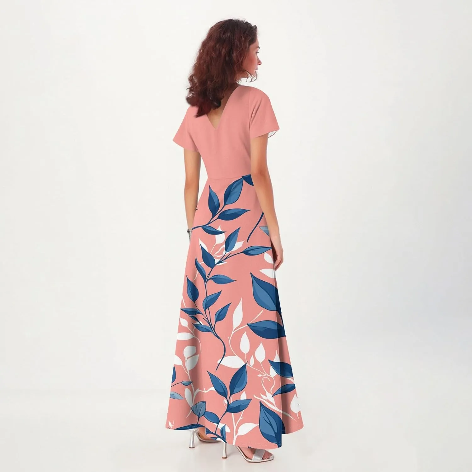 Women Beach Fashion,Women's Loose Casual V-Neck Short Sleeved High Waisted Print Chiffon Dress