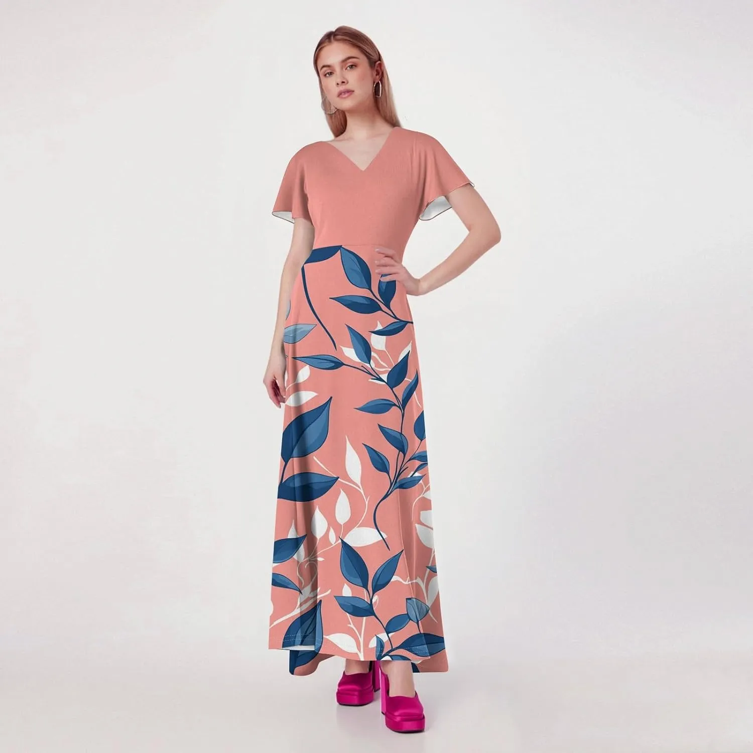 Women Beach Fashion,Women's Loose Casual V-Neck Short Sleeved High Waisted Print Chiffon Dress