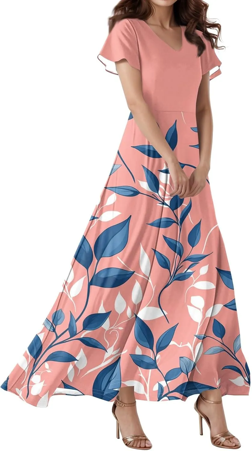 Women Beach Fashion,Women's Loose Casual V-Neck Short Sleeved High Waisted Print Chiffon Dress