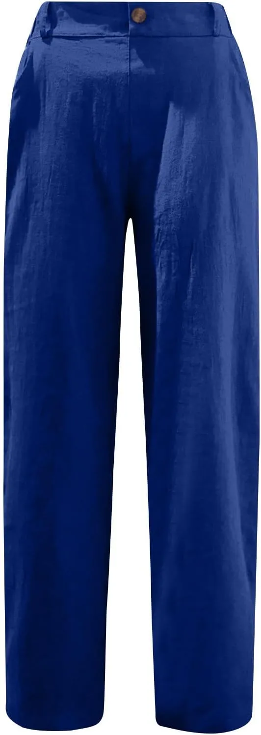 Women Cotton Linen Cropped Pants for Summer Pull on Elastic High Waisted Trouser Lightweight Dressy Outfit