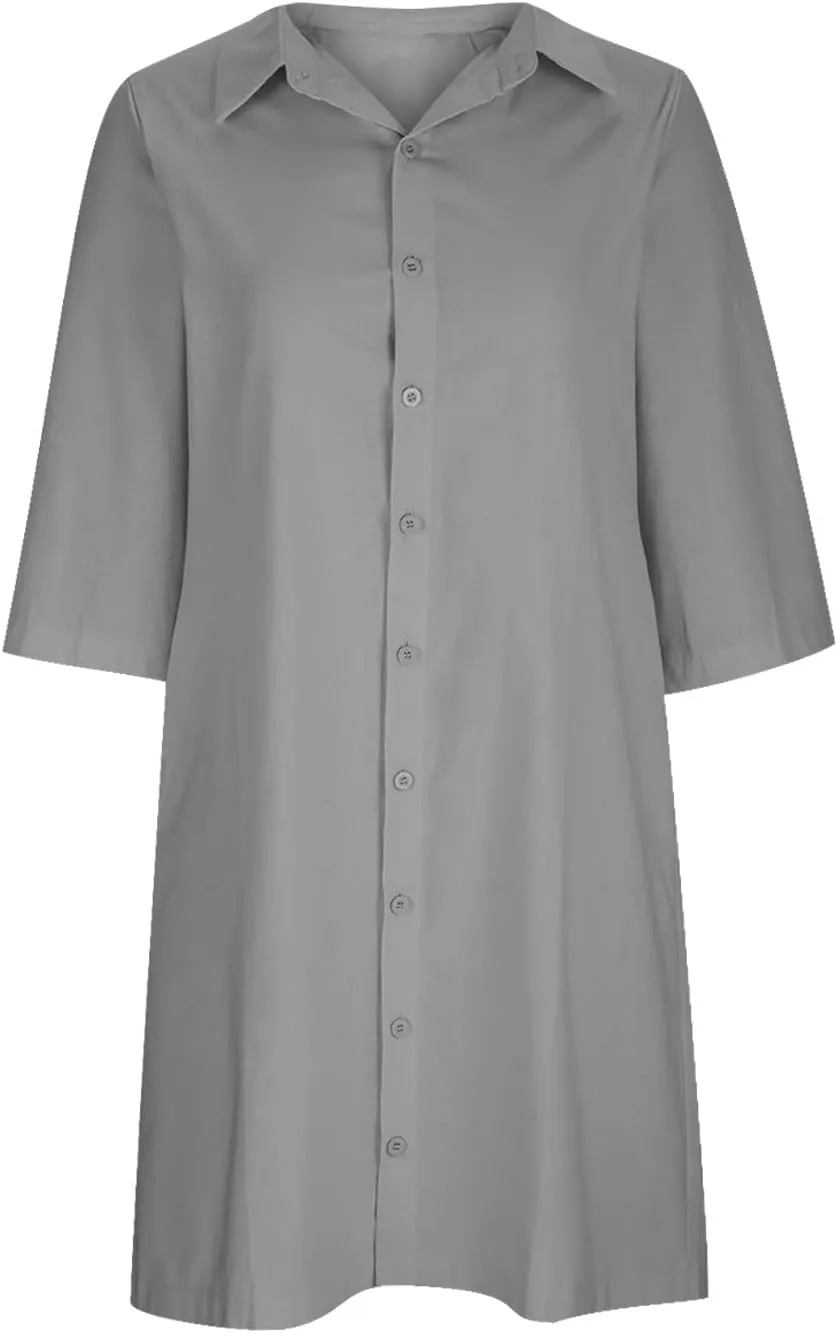 Womens Button Down Shirt Dress Summer Cotton Linen Dress V-Neck Mini Dress Casual Half Sleeve Loose Tunic Dresses