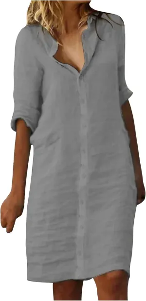 Womens Button Down Shirt Dress Summer Cotton Linen Dress V-Neck Mini Dress Casual Half Sleeve Loose Tunic Dresses