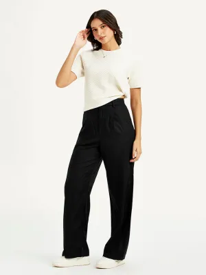 Women's High Rise Black Loose Fit Trousers