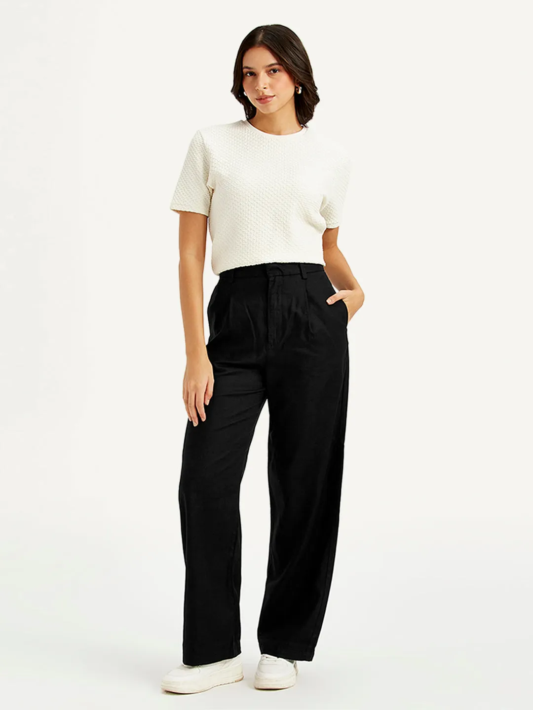 Women's High Rise Black Loose Fit Trousers