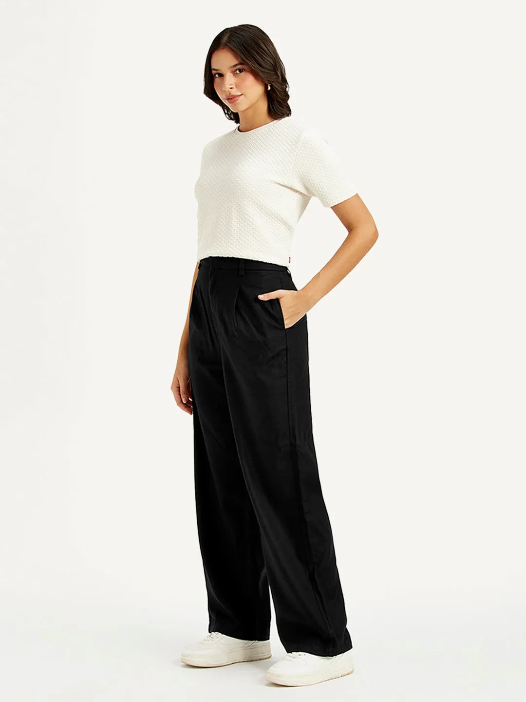 Women's High Rise Black Loose Fit Trousers