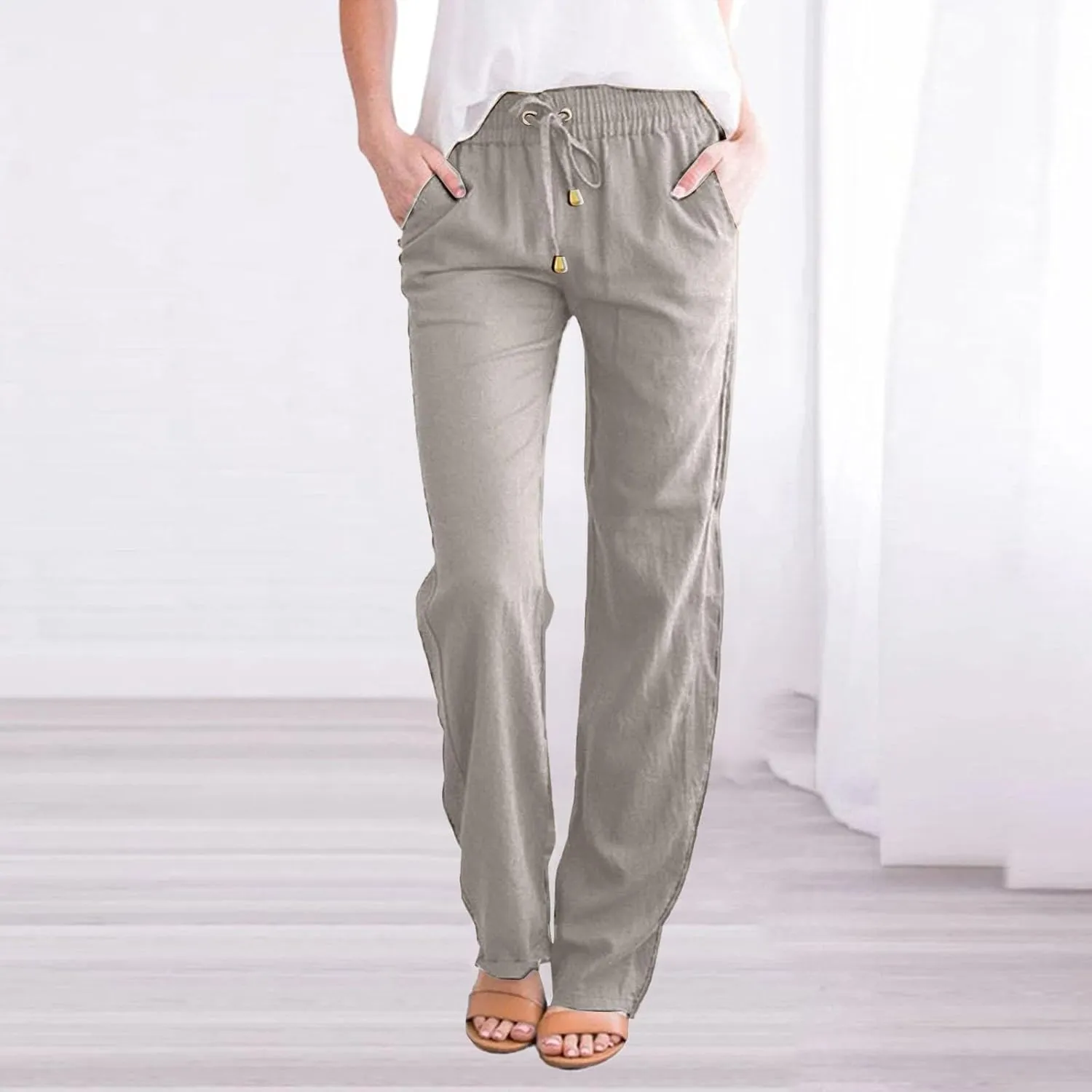 Womens Linen Pants Wide Leg Crop Pants Casual Elastic Waisted Women's Summer Linen Pants Trousers with Pocket