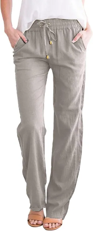 Womens Linen Pants Wide Leg Crop Pants Casual Elastic Waisted Women's Summer Linen Pants Trousers with Pocket