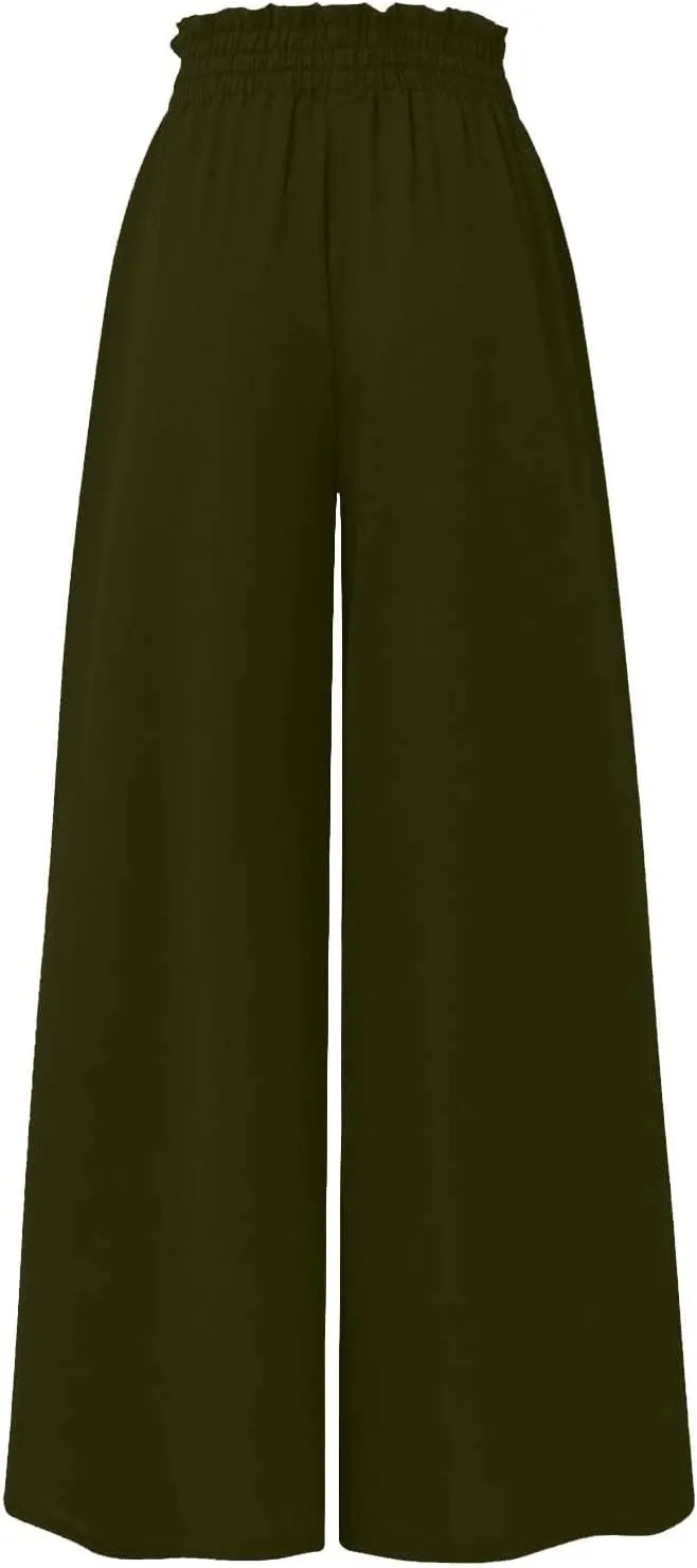 Womens Palazzo Pants Wide Leg Elastic Waisted Chiffon Baggy Flowy Long Lounge Trousers Beach Vacation Pant with Pockets