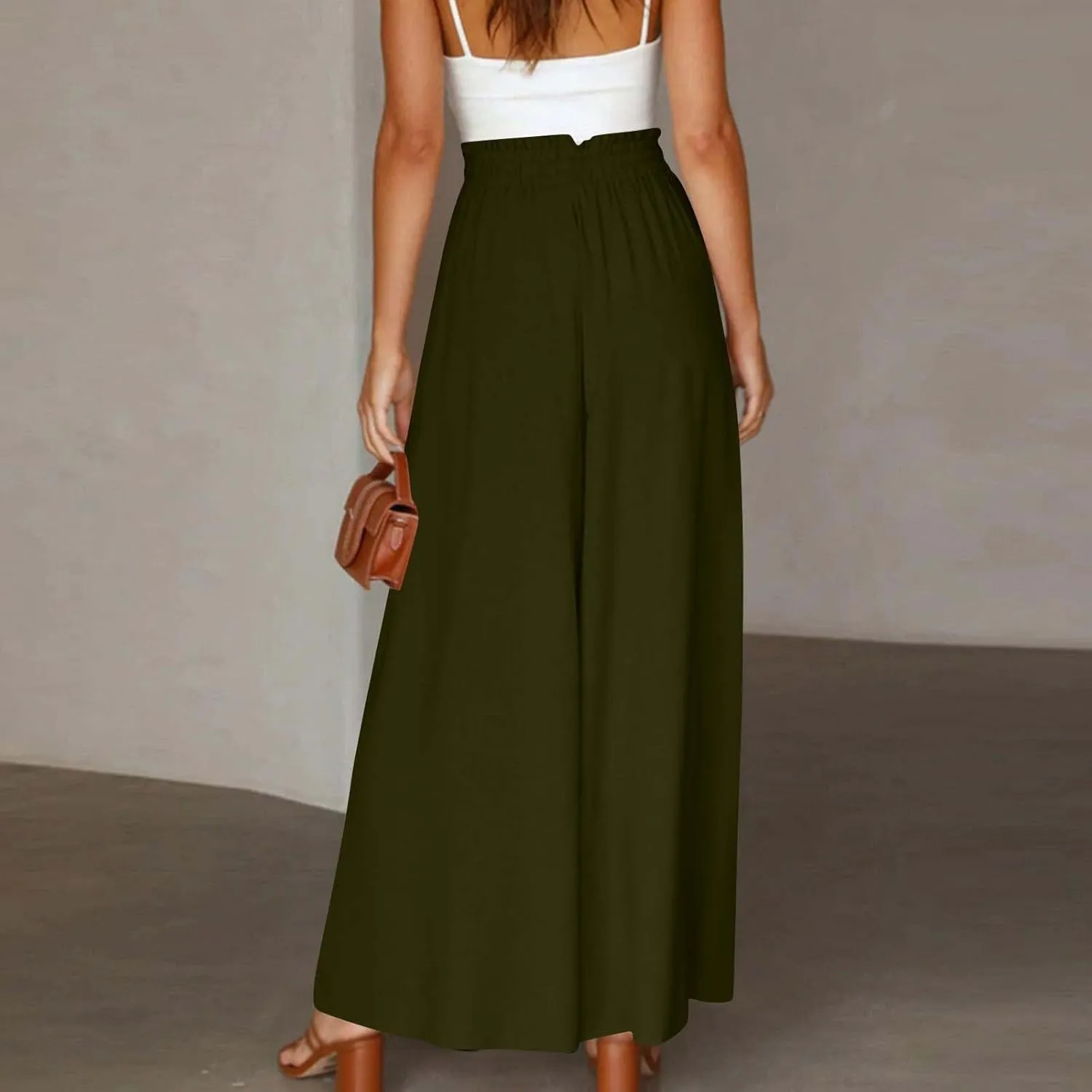 Womens Palazzo Pants Wide Leg Elastic Waisted Chiffon Baggy Flowy Long Lounge Trousers Beach Vacation Pant with Pockets