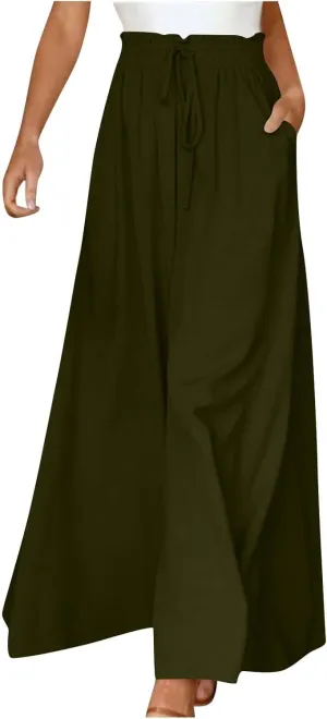 Womens Palazzo Pants Wide Leg Elastic Waisted Chiffon Baggy Flowy Long Lounge Trousers Beach Vacation Pant with Pockets