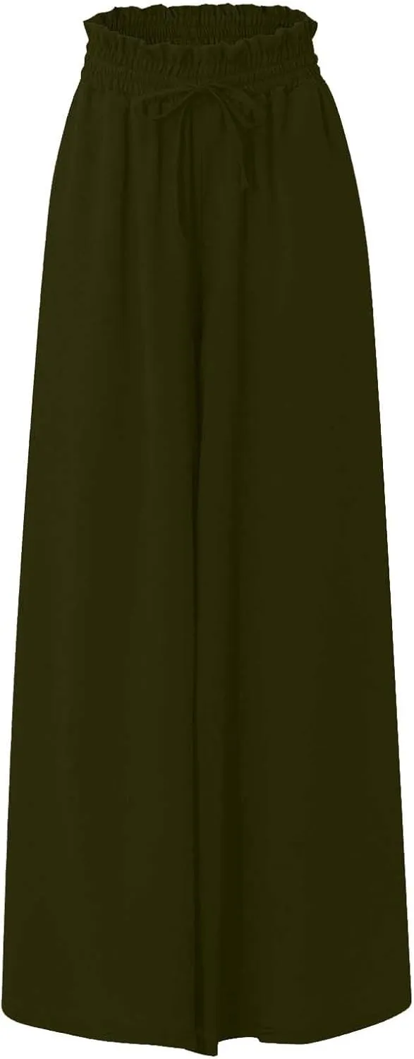 Womens Palazzo Pants Wide Leg Elastic Waisted Chiffon Baggy Flowy Long Lounge Trousers Beach Vacation Pant with Pockets