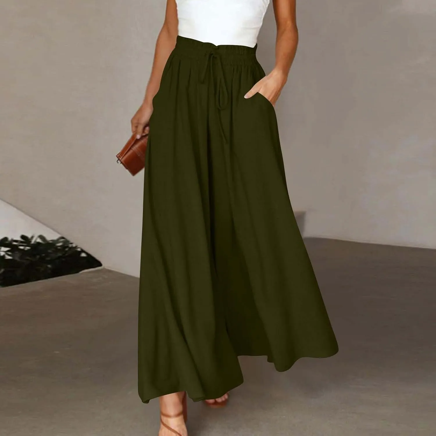 Womens Palazzo Pants Wide Leg Elastic Waisted Chiffon Baggy Flowy Long Lounge Trousers Beach Vacation Pant with Pockets