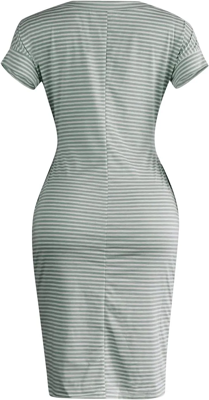 Women's Summer Short Sleeve Crewneck Formal Dress Basic Solid Tie Waist Office T Shirt Dresses Midi Dress with Pockets