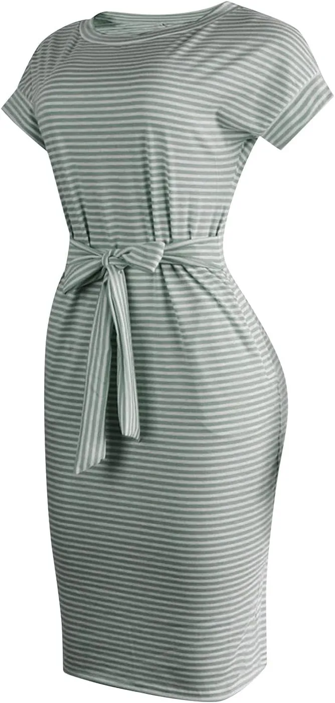 Women's Summer Short Sleeve Crewneck Formal Dress Basic Solid Tie Waist Office T Shirt Dresses Midi Dress with Pockets